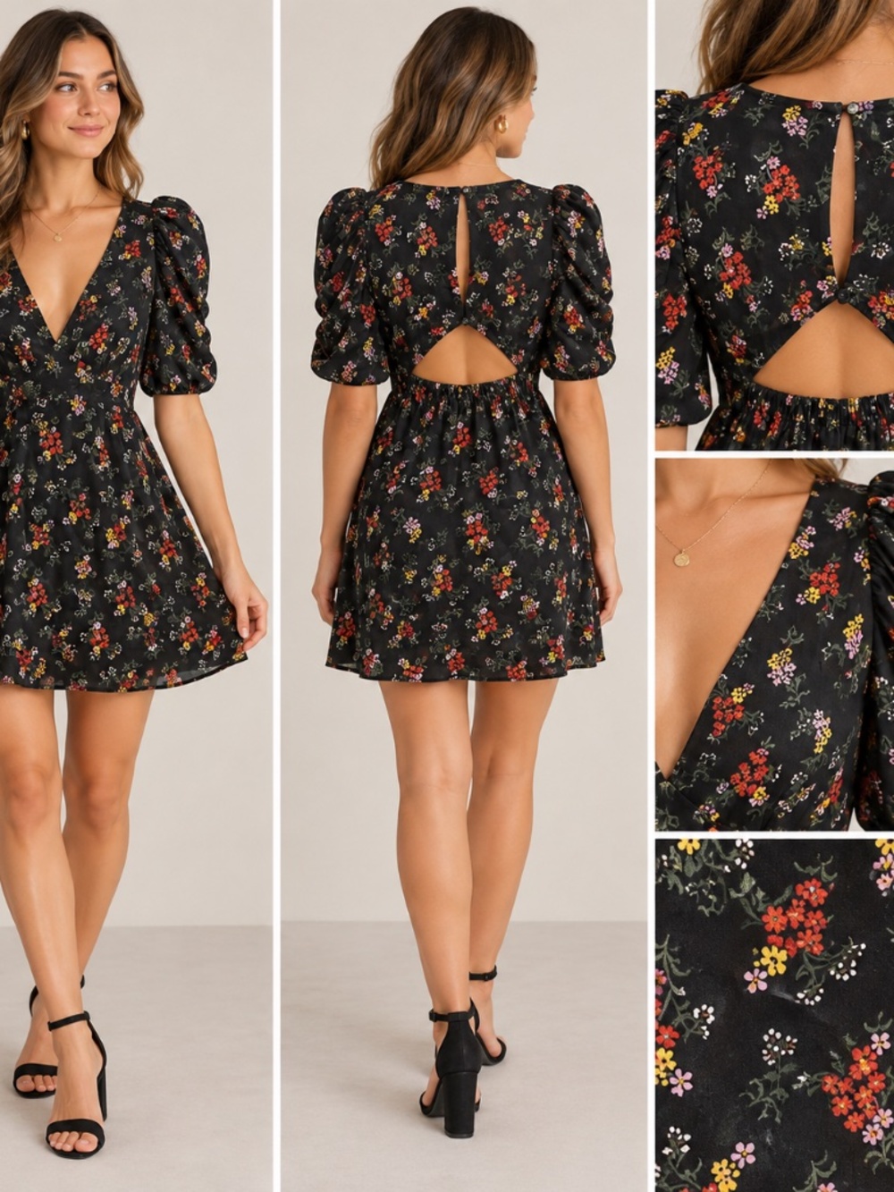 Abercrombie S Black Floral Mini Dress Puff Sleeve Open Back Cutout Cottagecore